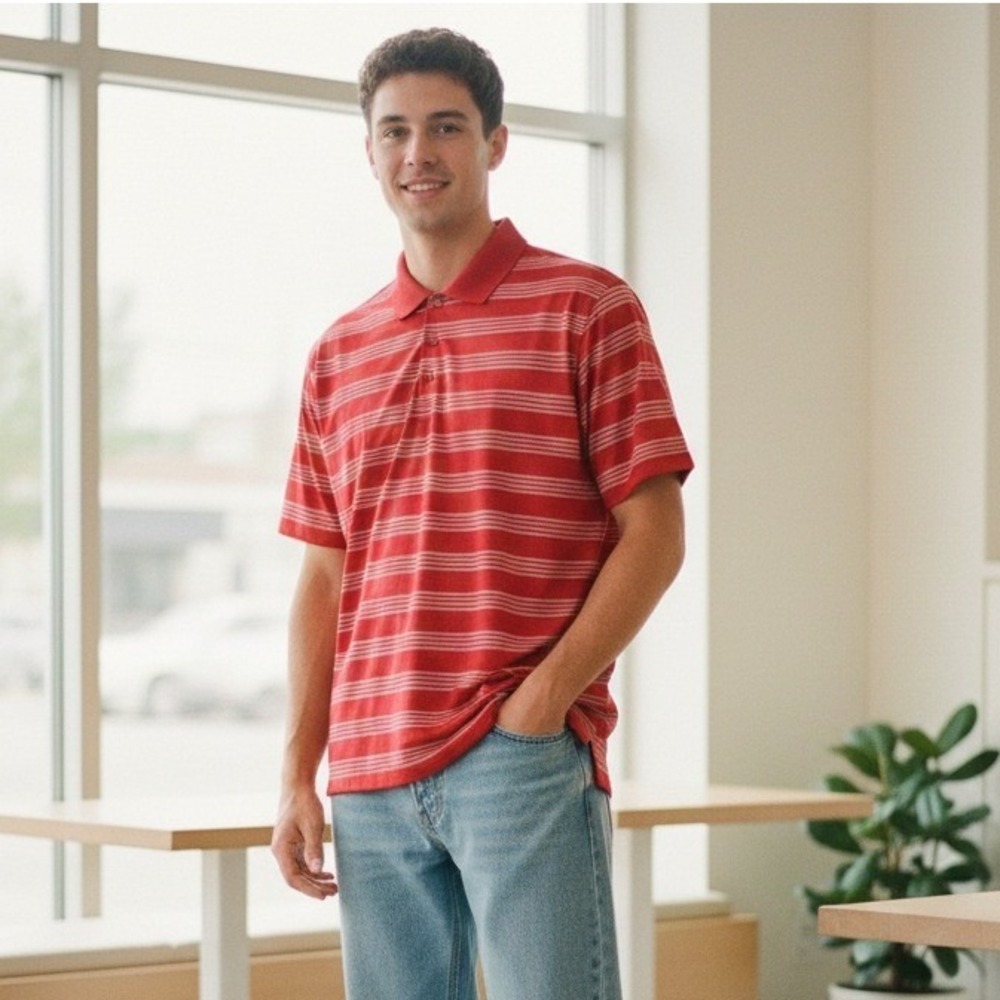 Nike Golf Tour Performance Red White Stripe Dri-Fit Polo Shirt - Size L‎